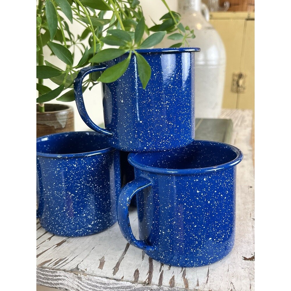 Vintage Blue Speckled Enamelware Metal Coffee Cups Mugs Set Of 4, Cabin Camping - Picture 5 of 8